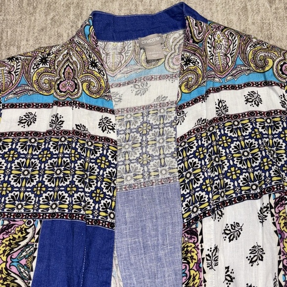 Chico's sz 2 12/14 100% linen open cardigan duster l/xl paisley blue Easter - Picture 3 of 8